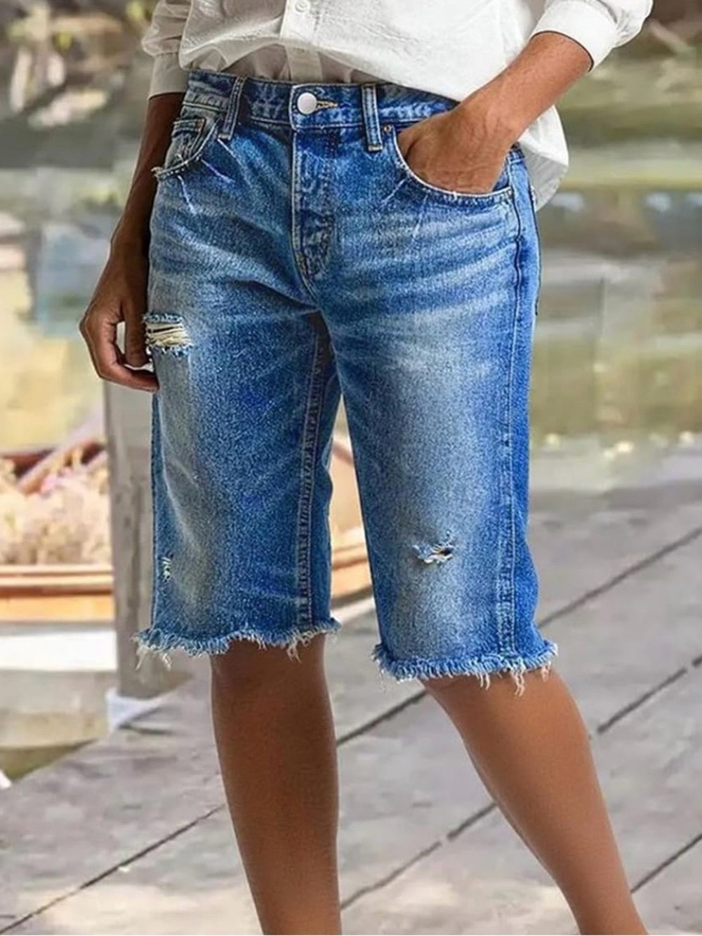 Flamingals Women's Light Blue Distressed Denim Bermuda Shorts - Casual Fit